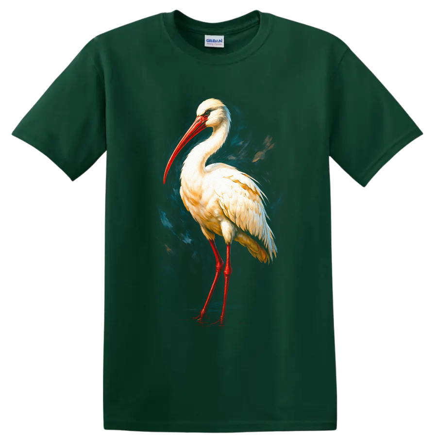 Modern painted white stork portrait with red bill and legs on blue brushstroke art on a Forest Green T Shirt