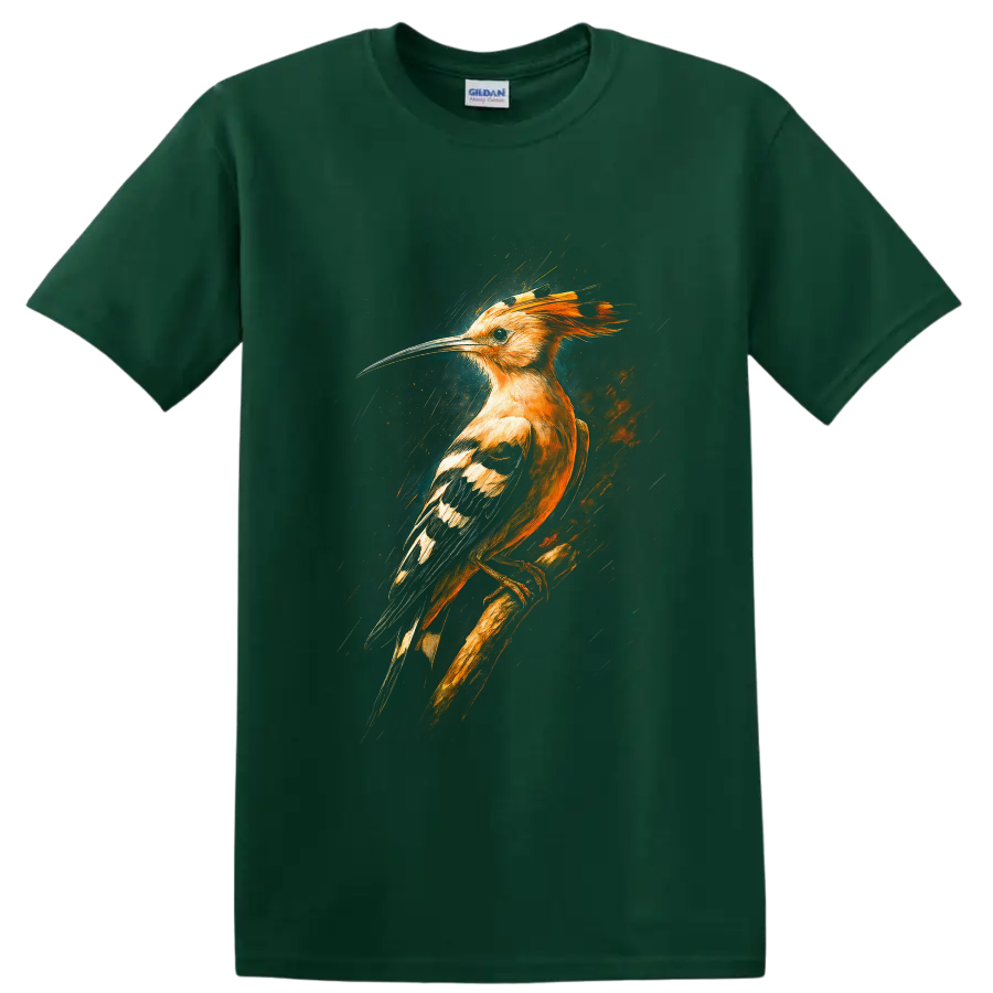 Dramatic painterly hoopoe bird with orange crest, curved bill, and patterned wings on a Forest Green T Shirt