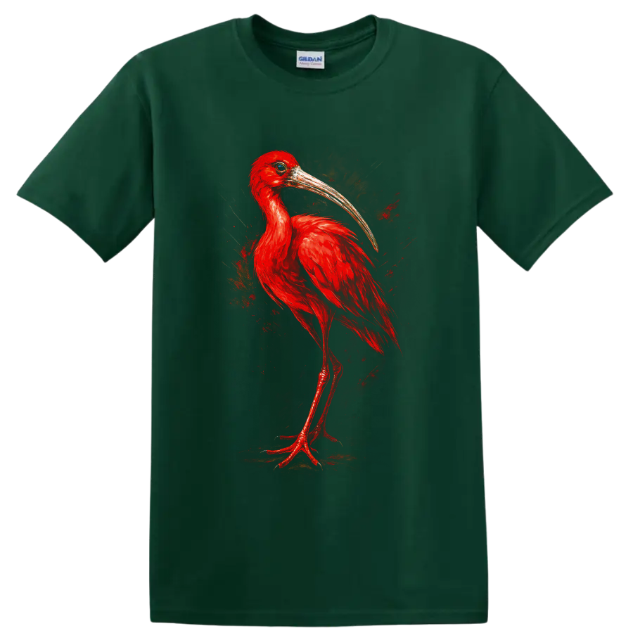 Painterly scarlet ibis portrait with vivid red feathers and a long curved bill on a Forest Green T Shirt
