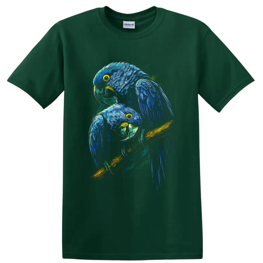Two blue macaw parrots in vivid modern tropical wildlife illustration on a Forest Green T Shirt