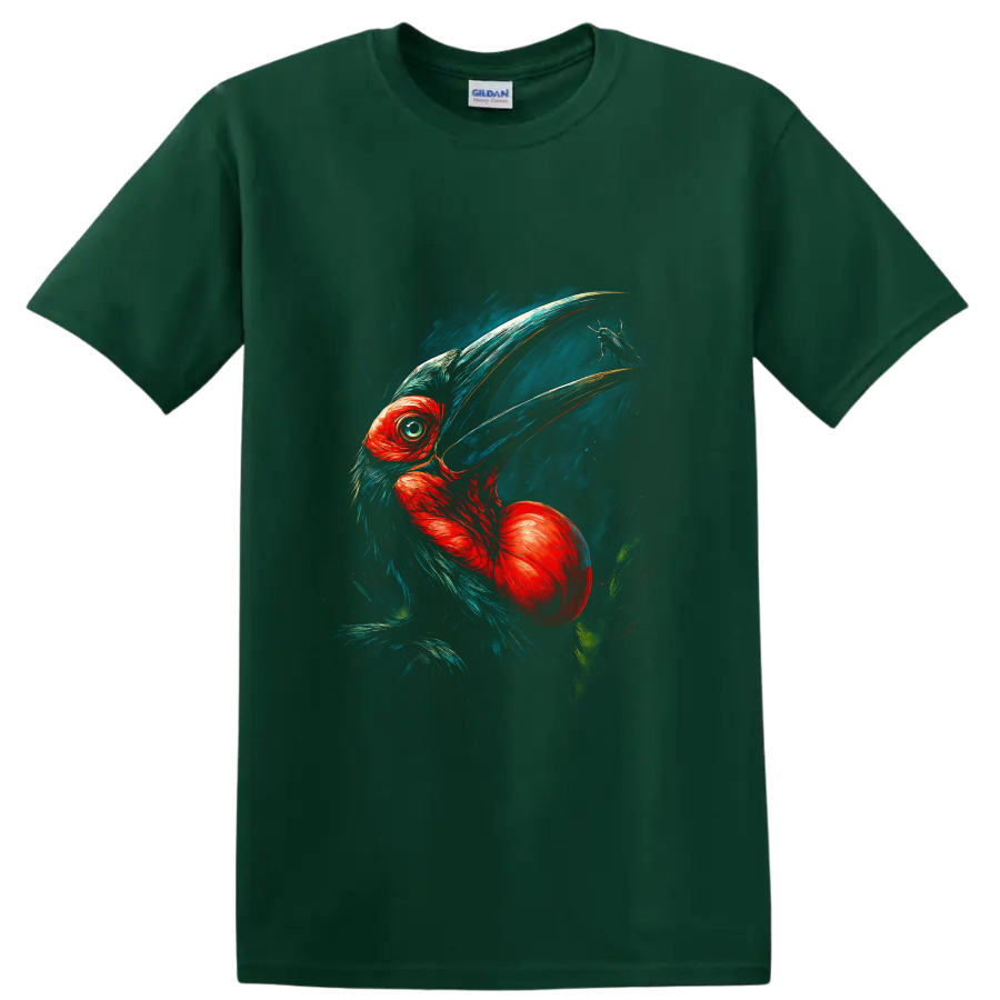 Painterly hornbill portrait with sweeping bill, red-orange feathers, teal plumage, and on a Forest Green T Shirt