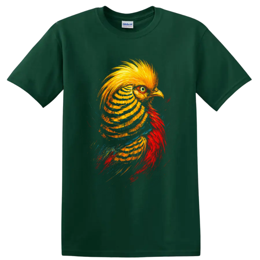 Vibrant painterly golden pheasant portrait with golden crest and red plumage on a Forest Green T Shirt
