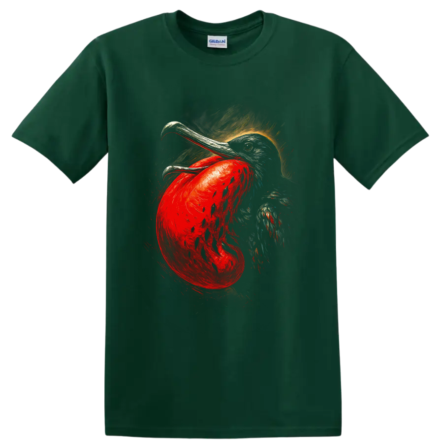 Great frigatebird portrait with red throat pouch in expressive painterly bird art on a Forest Green T Shirt