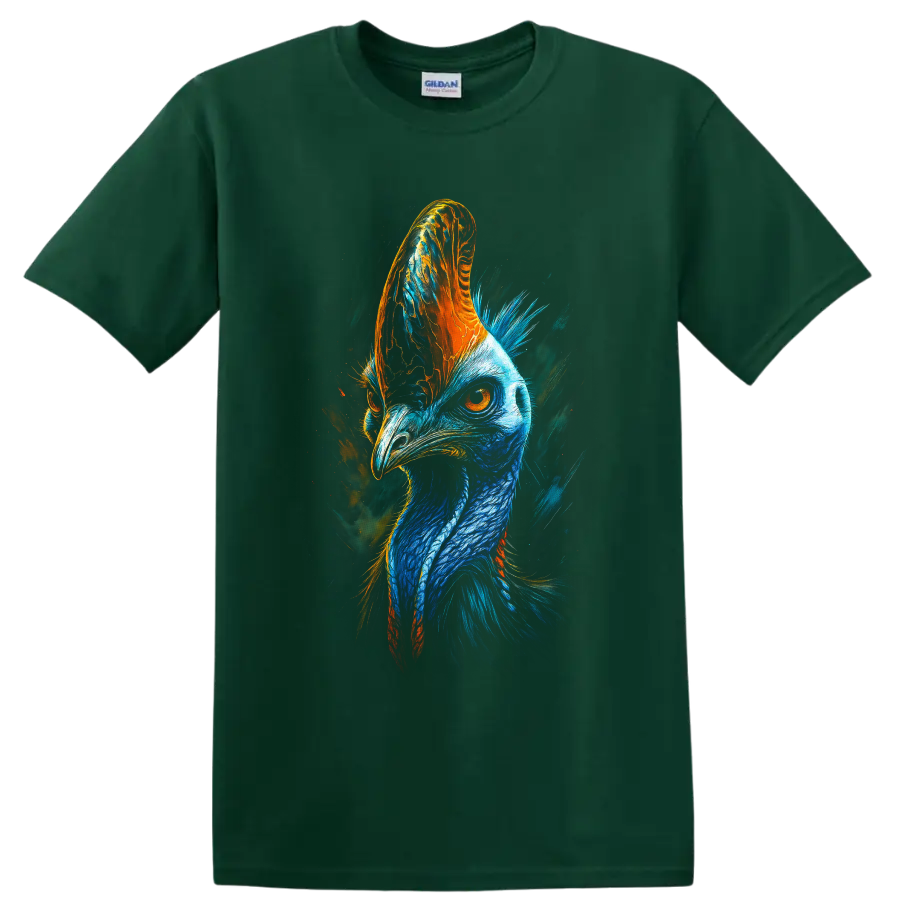 Vibrant blue and orange cassowary portrait in expressive painterly wildlife art on a Forest Green T Shirt