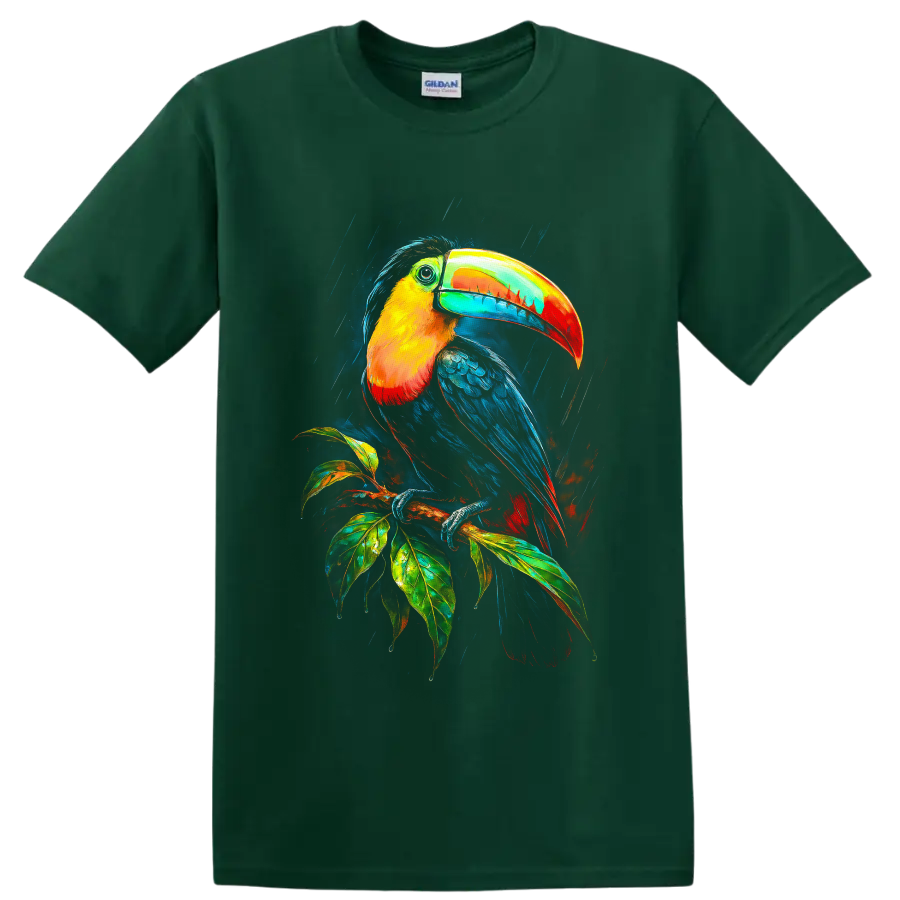 Colorful modern toucan illustration perched on a leafy tropical branch in rain on a Forest Green T Shirt