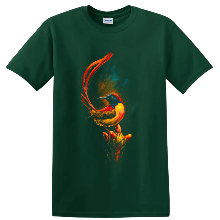 Vibrant painterly sunbird with red tail feathers perched above a dramatic flower on a Forest Green T Shirt