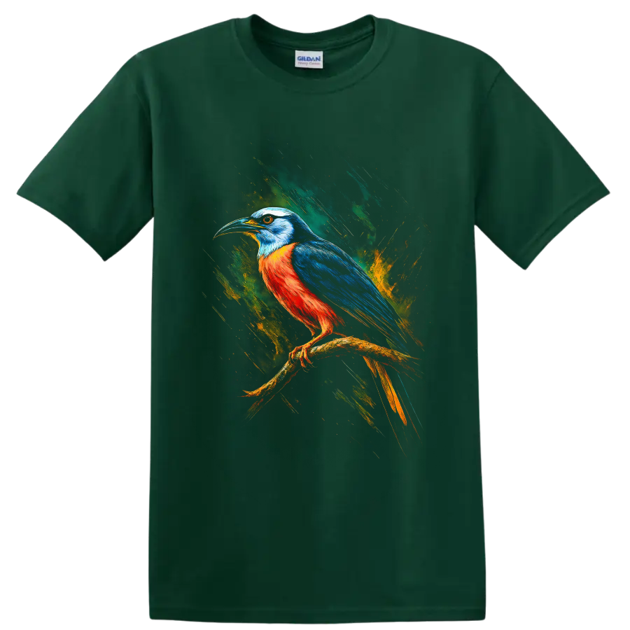 Colorful kingfisher perched on a branch in dynamic modern paint-splash art on a Forest Green T Shirt
