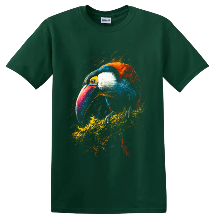 Vibrant painterly toucan perched on a mossy branch with a colorful oversized bill on a Forest Green T Shirt
