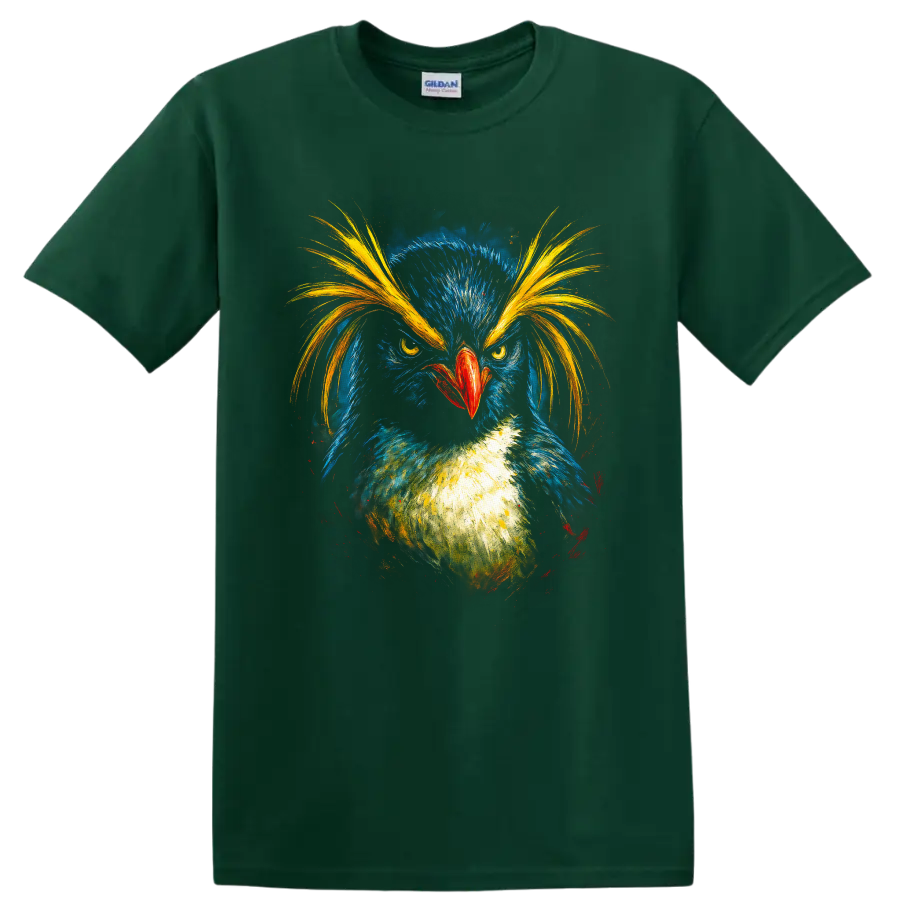 Colorful painterly macaroni penguin portrait with golden crest plumes on a Forest Green T Shirt
