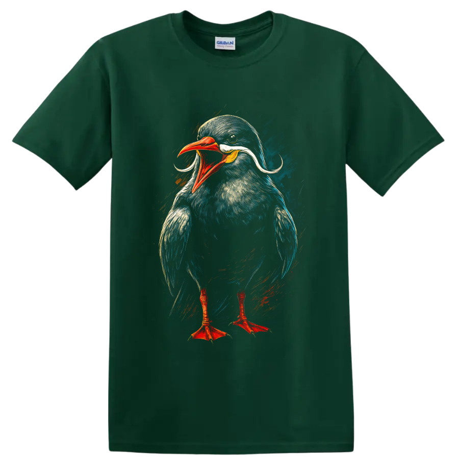Dynamic painted Inca tern portrait with curled white plumes and red-orange beak on a Forest Green T Shirt