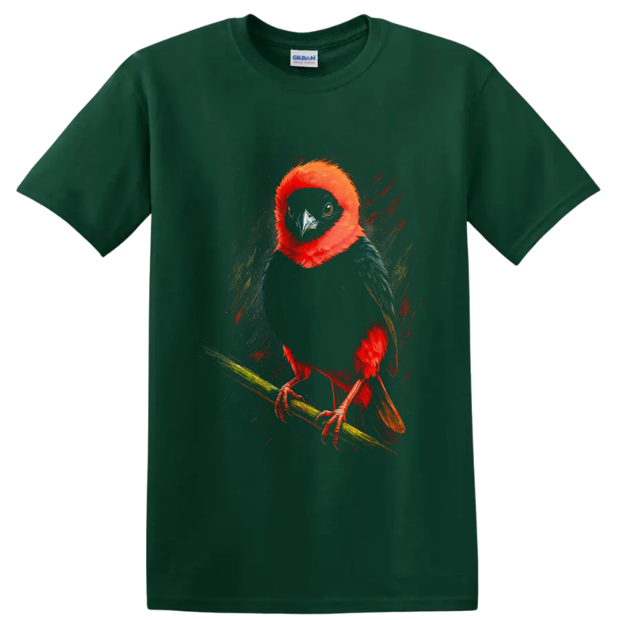 Red-Headed Trogon bird portrait in vivid painterly tropical wildlife art on a Forest Green T Shirt