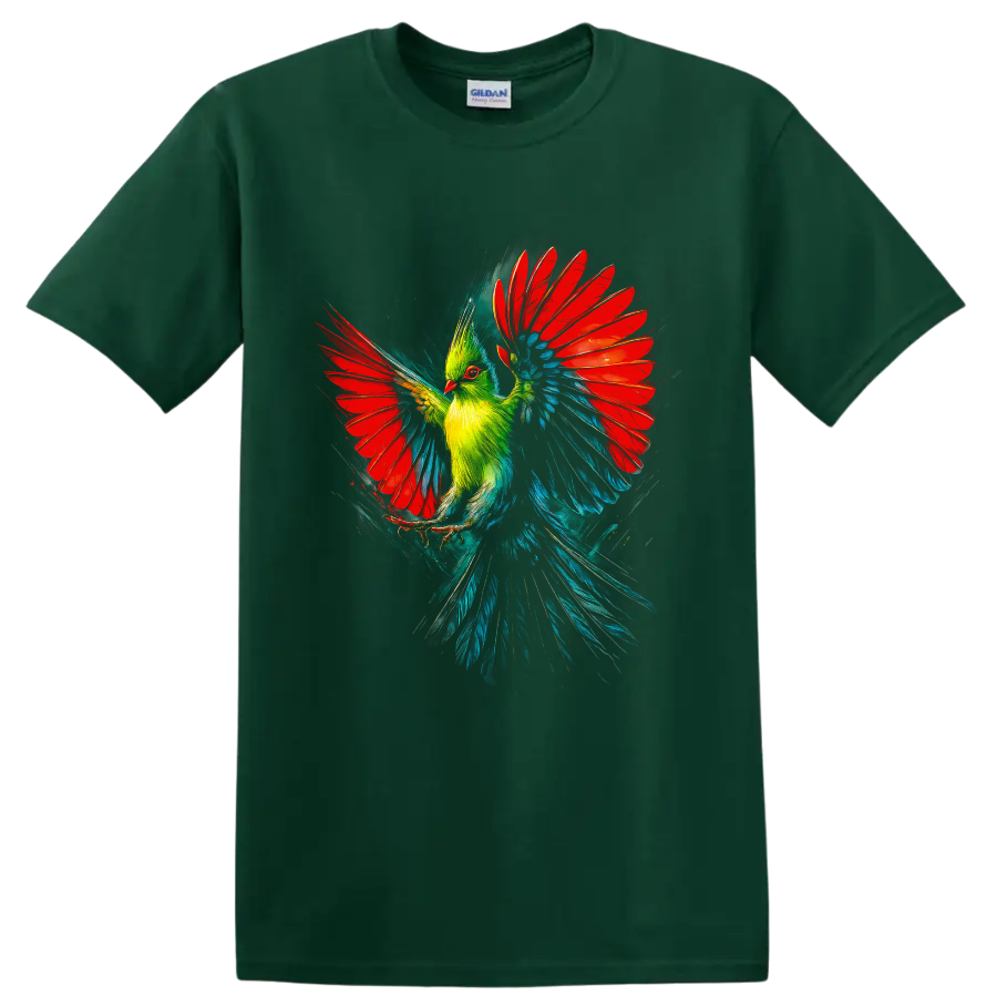 Painterly turaco in flight with vivid red wings, green crest, and teal-blue feathers on a Forest Green T Shirt