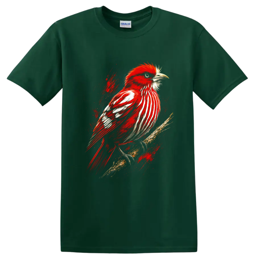Red cardinal perched on a branch in dramatic painterly wildlife art on a Forest Green T Shirt