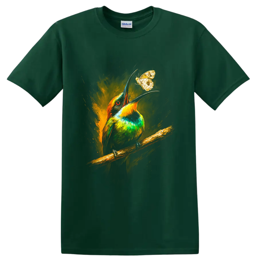 Colorful bee-eater bird reaching toward a butterfly in painterly wildlife art on a Forest Green T Shirt