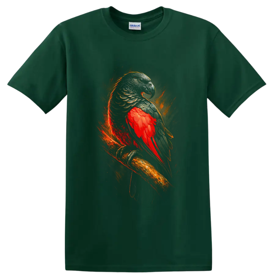 Dramatic Pesquet's parrot artwork with red plumage, dark feathers, and fiery brushstrokes on a Forest Green T Shirt