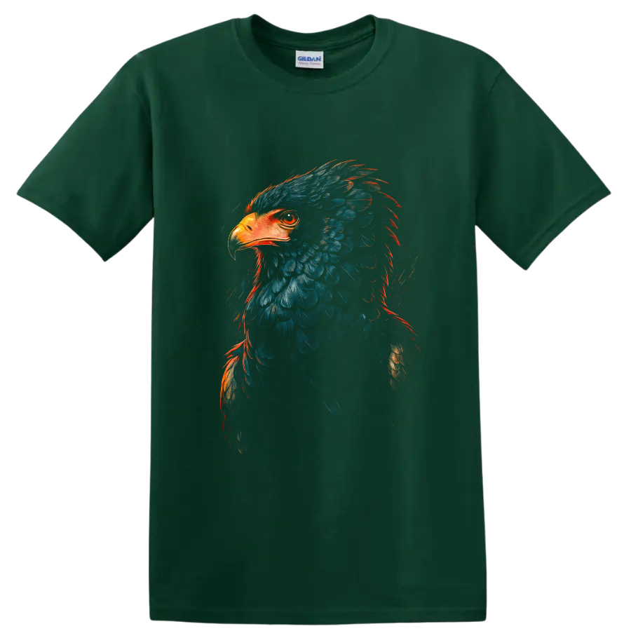 Bald eagle portrait in dramatic blue feathers with fiery orange painterly accents on a Forest Green T Shirt
