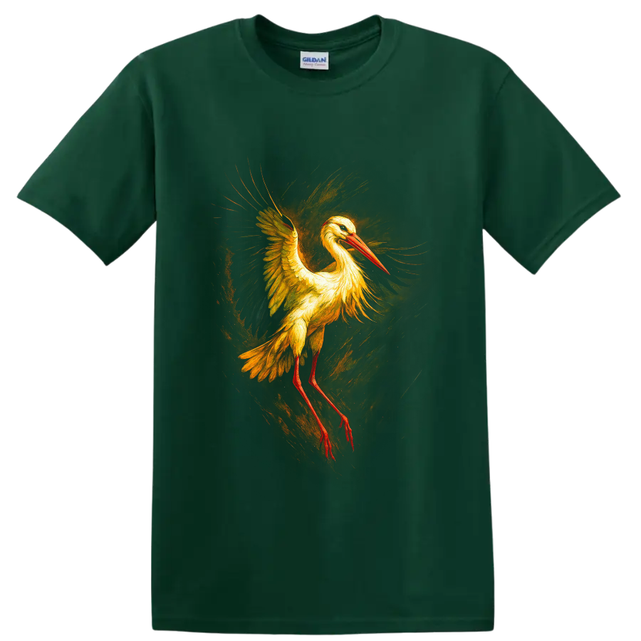 Painterly white stork in flight with golden wings, red bill, and swirling brushwork on a Forest Green T Shirt