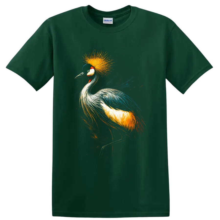 Painterly grey crowned crane portrait with a radiant golden feather crown on a Forest Green T Shirt