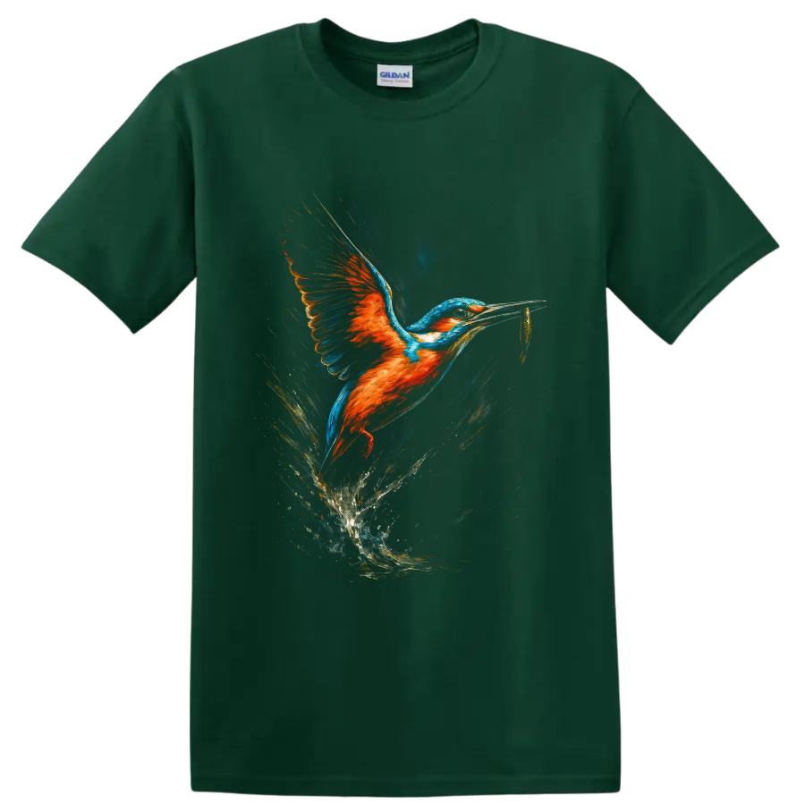Colorful painterly kingfisher flying with a fish above a dramatic water splash on a Forest Green T Shirt