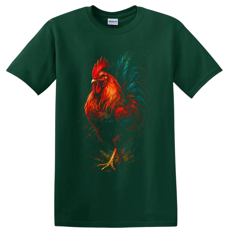 Modern painted rooster with red-orange feathers and sweeping teal-blue tail on a Forest Green T Shirt