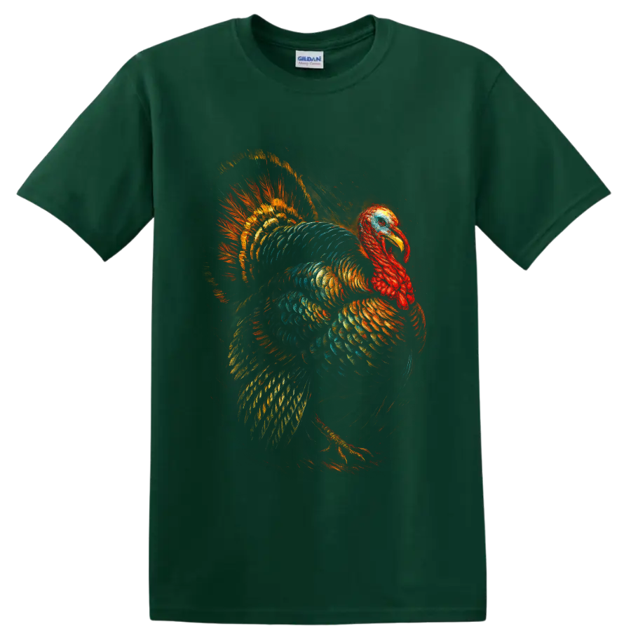 Colorful painterly turkey with fanned tail feathers and glowing orange teal plumage on a Forest Green T Shirt