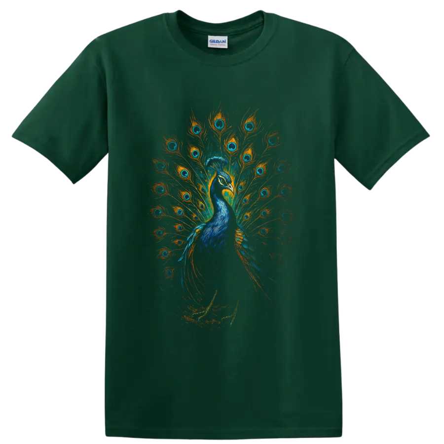 Vibrant blue peacock with orange and teal feather fan wildlife art on a Forest Green T Shirt