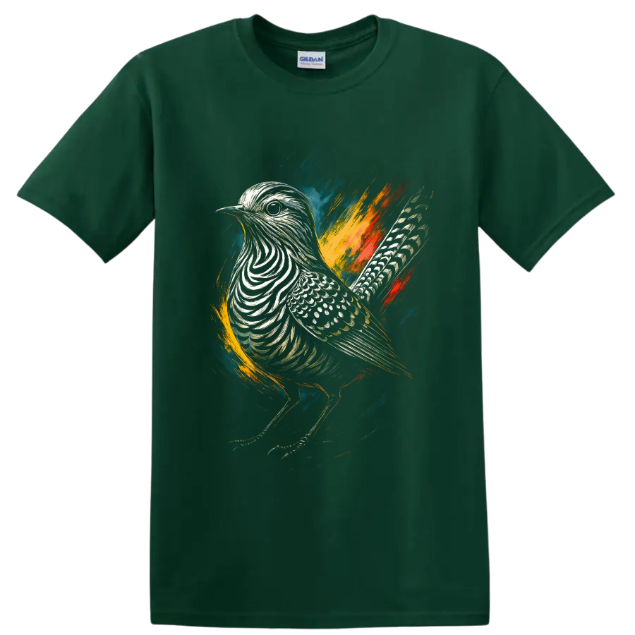 Zebra dove profile in colorful painterly wildlife art with bold brushstrokes on a Forest Green T Shirt