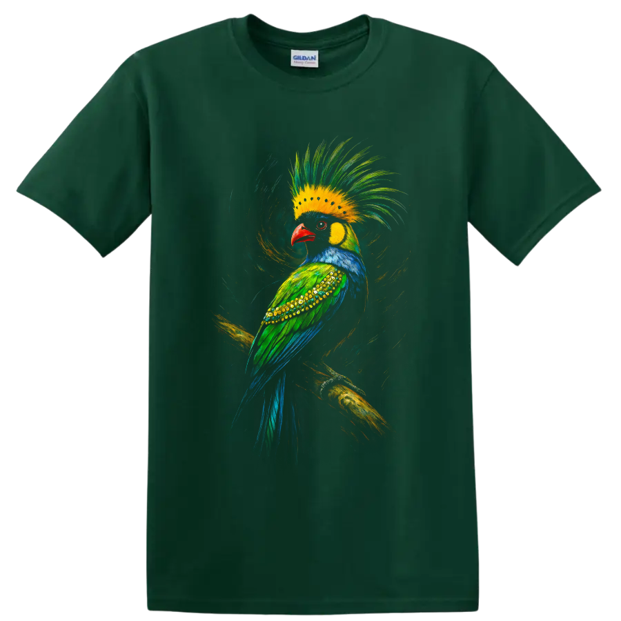 Colorful crested tropical bird in dynamic painted wildlife art perched on a branch on a Forest Green T Shirt