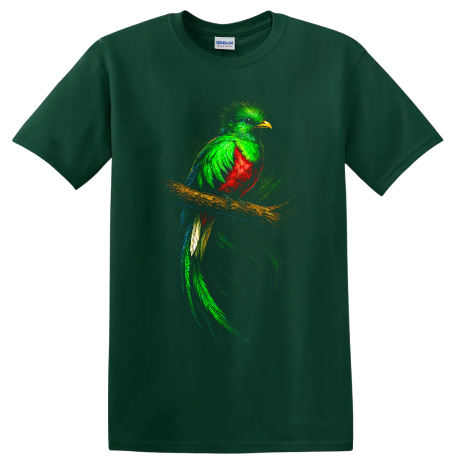 Vibrant quetzal perched on a branch with flowing tail and swirling brushstroke art on a Forest Green T Shirt