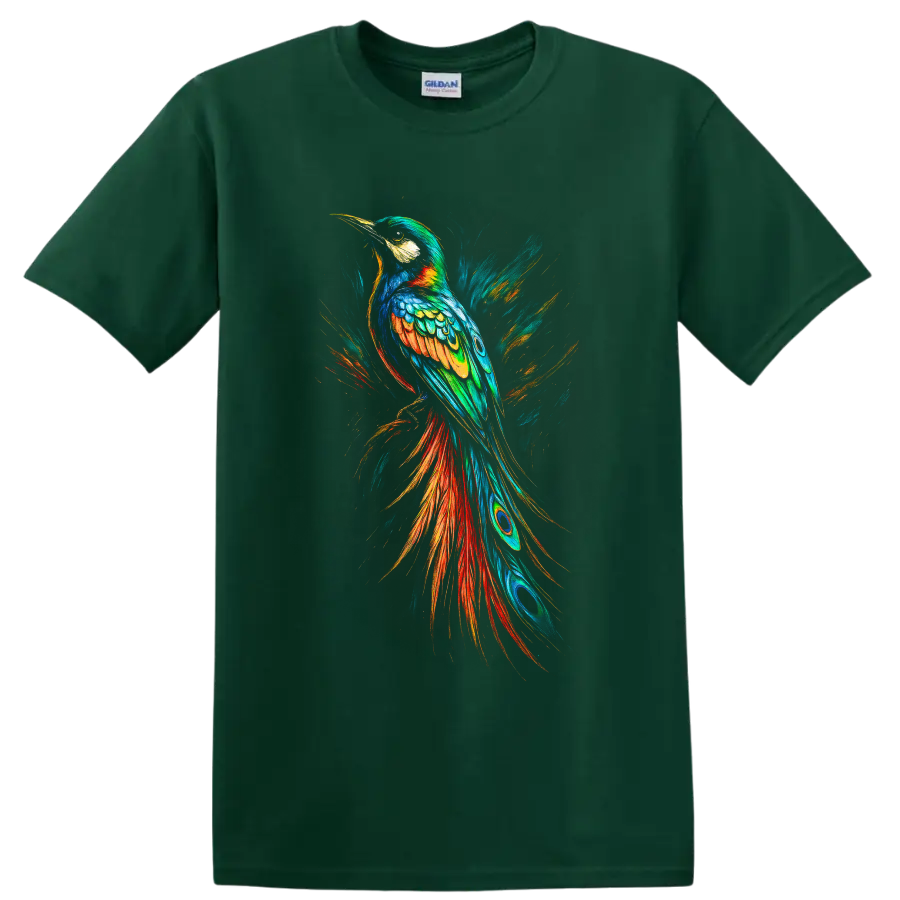 Colorful hornbill in dynamic painterly tropical bird art with flowing feathered tail on a Forest Green T Shirt