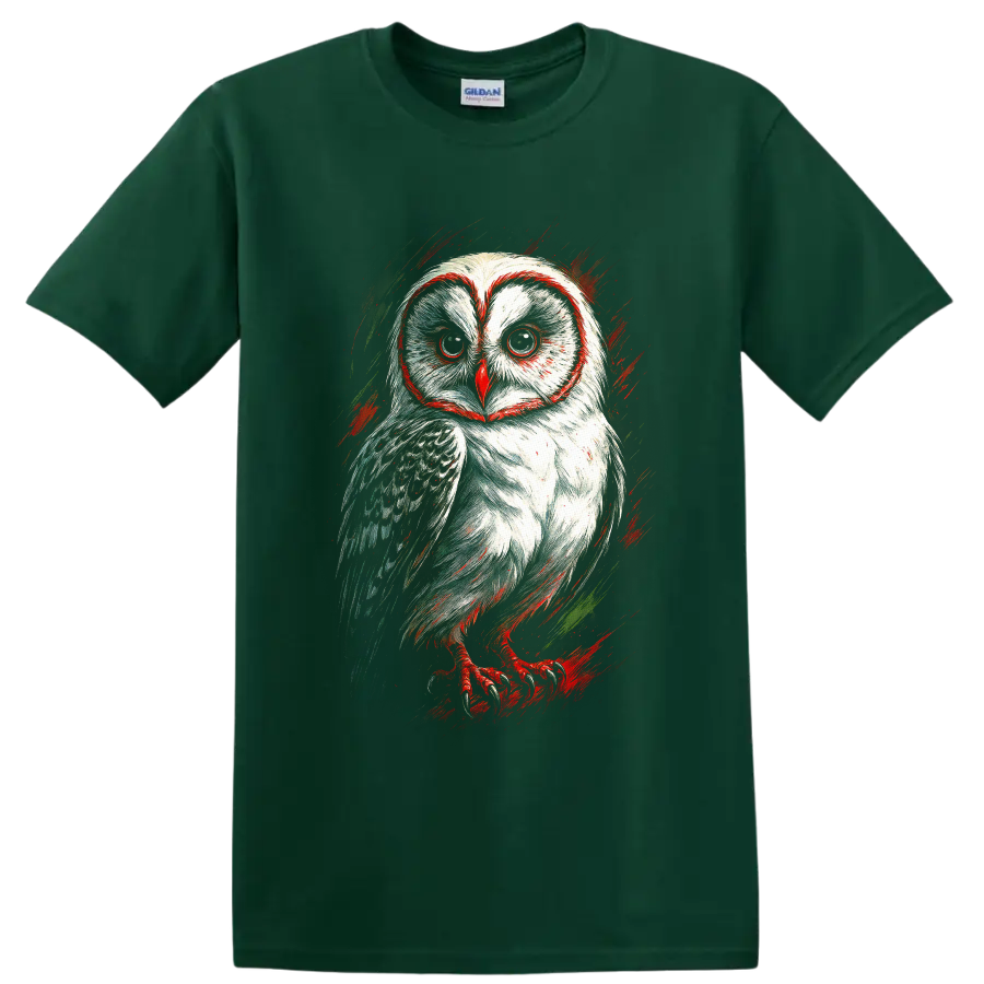 Stylized barn owl portrait in dynamic red and green sketch art on a Forest Green T Shirt