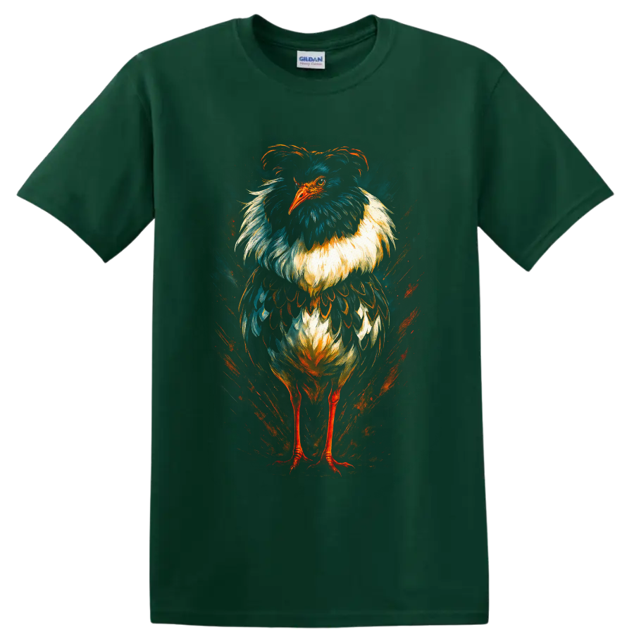 Dramatic painterly secretary bird portrait with teal, cream, and orange feather details on a Forest Green T Shirt