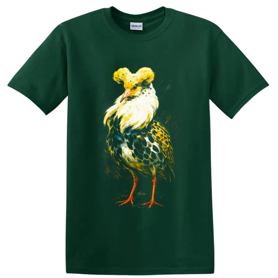 Crested pigeon in colorful realistic painterly wildlife art with a golden crest on a Forest Green T Shirt