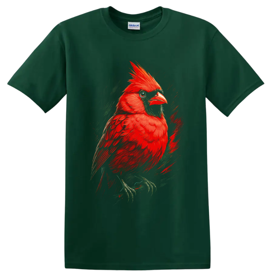 Vibrant red cardinal portrait in painterly brush-stroke wildlife art on a Forest Green T Shirt