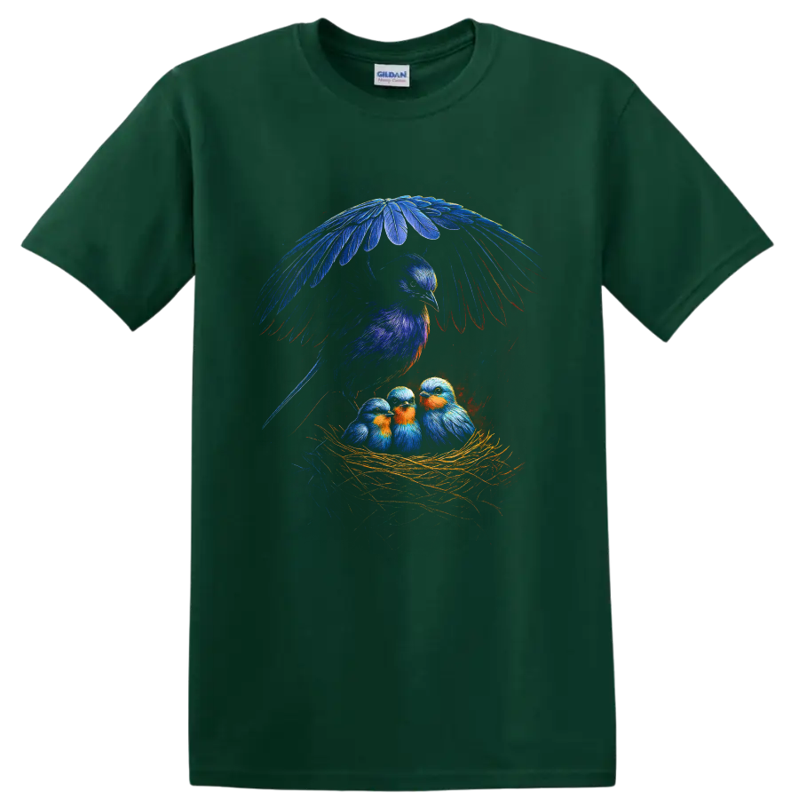 Colorful bluebird parent sheltering three nestlings in a straw nest wildlife illustration on a Forest Green T Shirt