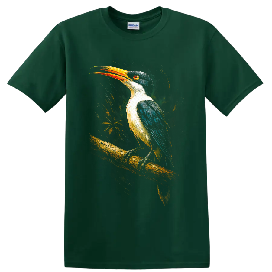 Colorful painterly kingfisher perched on a branch with an orange bill on a Forest Green T Shirt