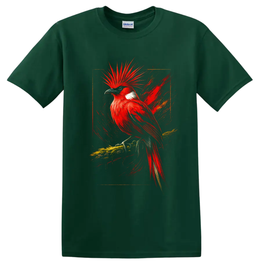 Red-crested cardinal in vivid painterly tropical wildlife art on a branch on a Forest Green T Shirt
