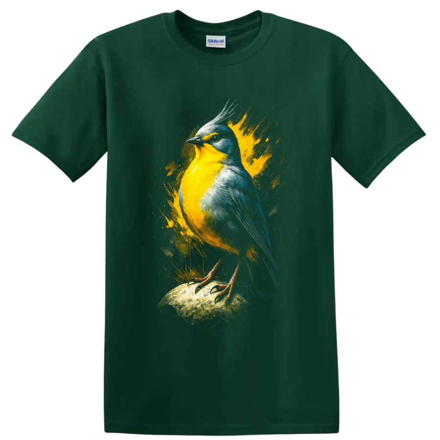 Colorful crested songbird in yellow and blue paint-splash wildlife art on a Forest Green T Shirt