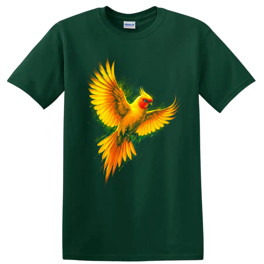 Sun conure parrot in flight with vivid tropical wildlife art on a Forest Green T Shirt