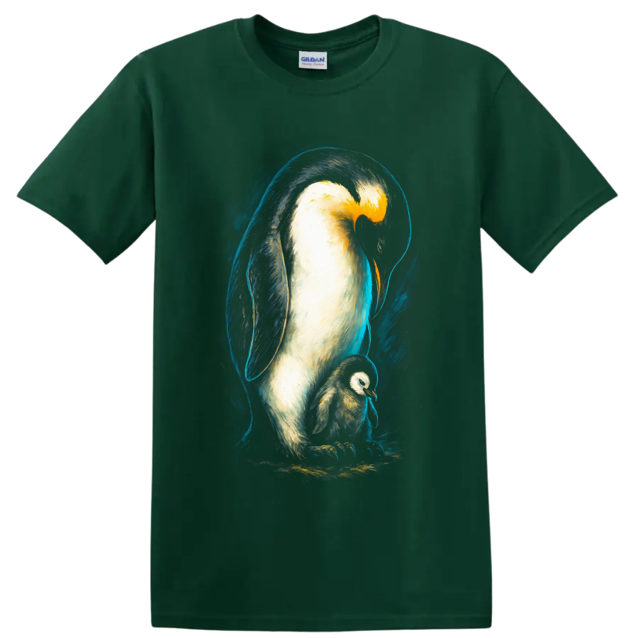 Painterly emperor penguin parent and chick in dramatic blue Antarctic brushstrokes on a Forest Green T Shirt