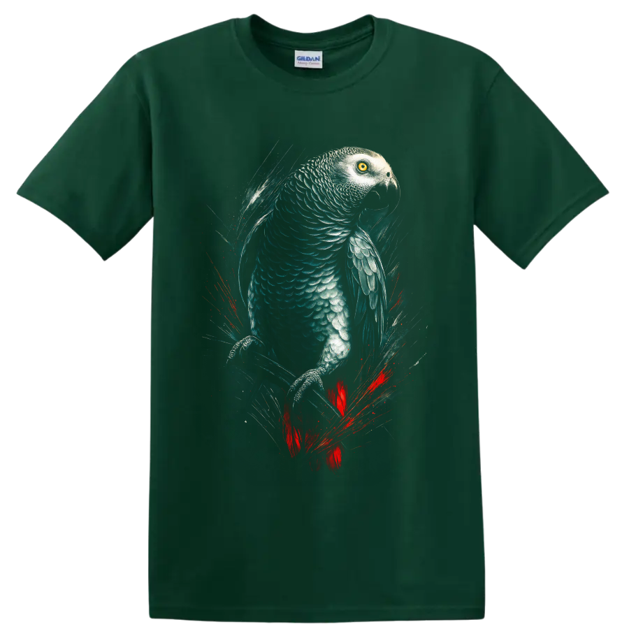 Realistic African grey parrot artwork with teal feathers, golden eye, and red tail on a Forest Green T Shirt
