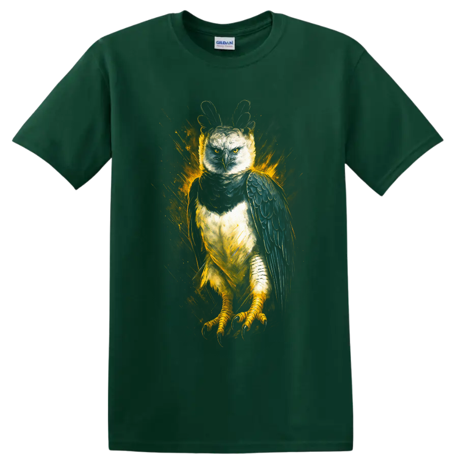 Harpy eagle with raised crest in dramatic golden splash wildlife art on a Forest Green T Shirt