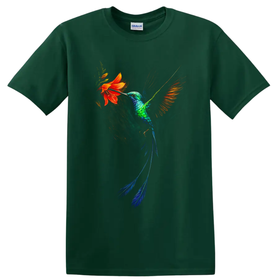 Vibrant painterly hummingbird hovering beside an orange flower on a Forest Green T Shirt
