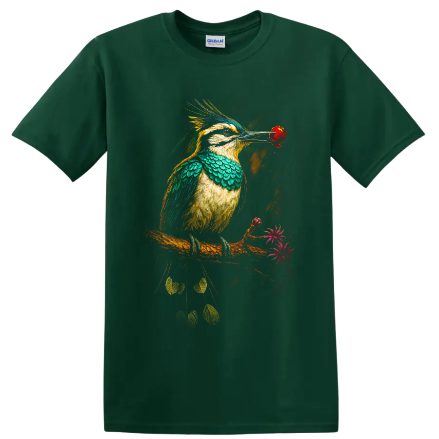 Vibrant modern kookaburra holding a red rose on a flowering branch on a Forest Green T Shirt