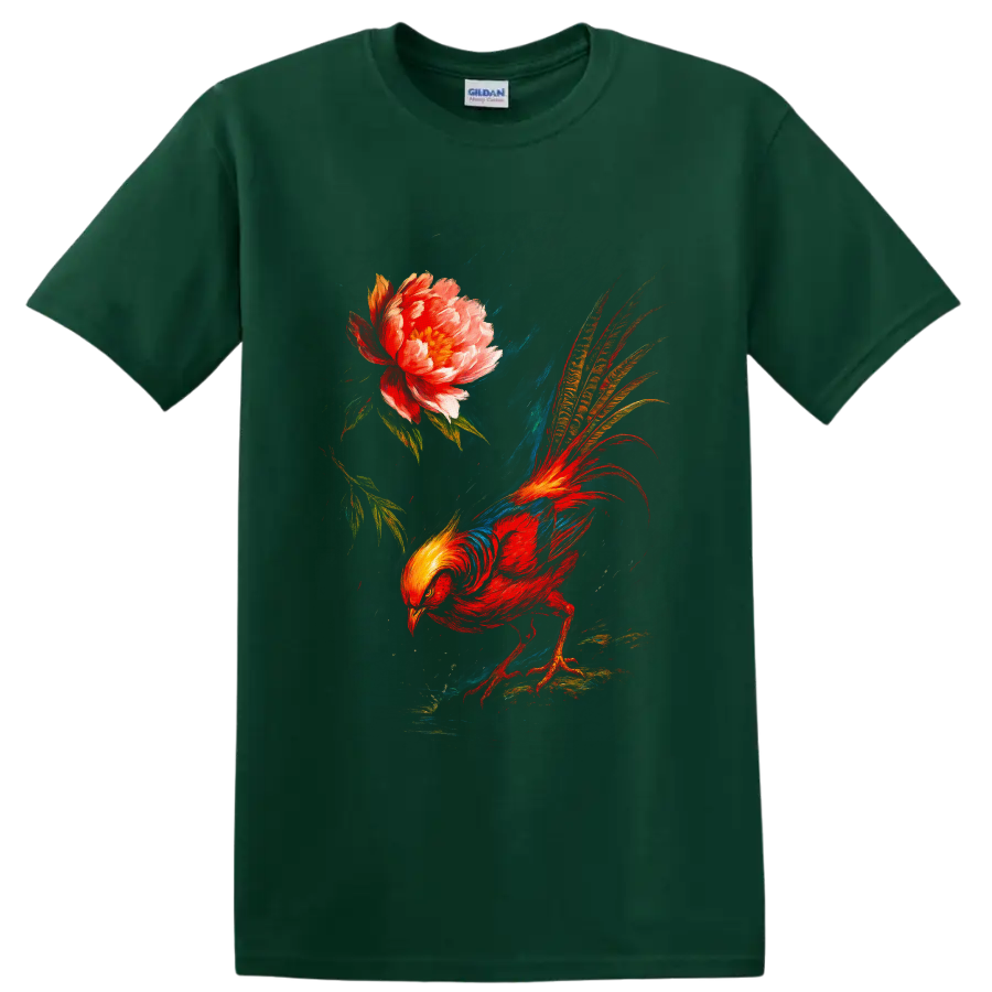 Painterly golden pheasant with long patterned tail beside a blooming peony on a Forest Green T Shirt