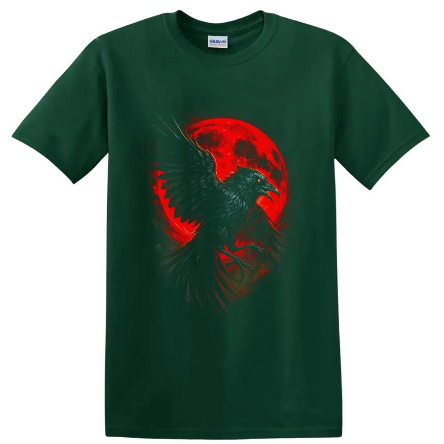 Gothic raven in flight before a glowing red moon with smoky painterly shadows on a Forest Green T Shirt