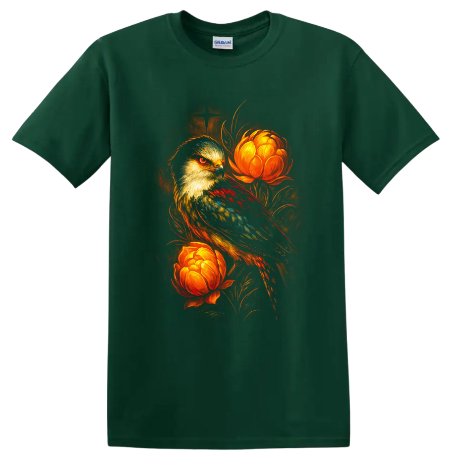 Stylized falcon with glowing orange flowers in dramatic painterly wildlife art on a Forest Green T Shirt