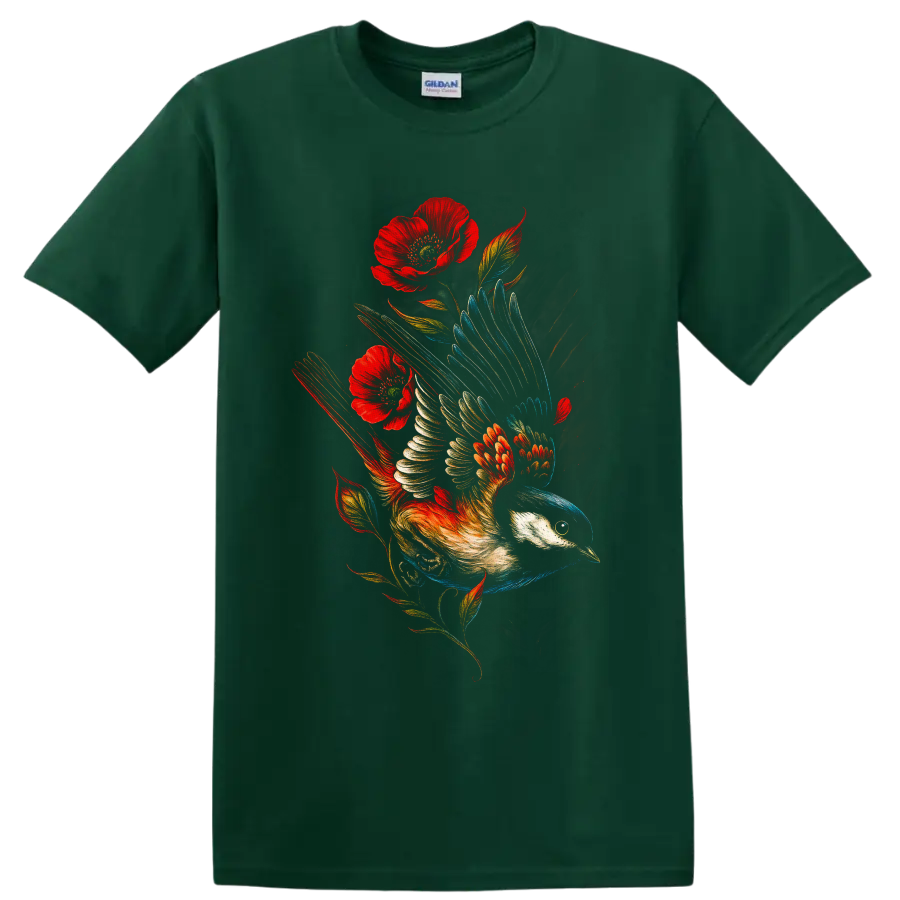 Black-capped chickadee in flight with red poppies in vivid painterly wildlife art on a Forest Green T Shirt