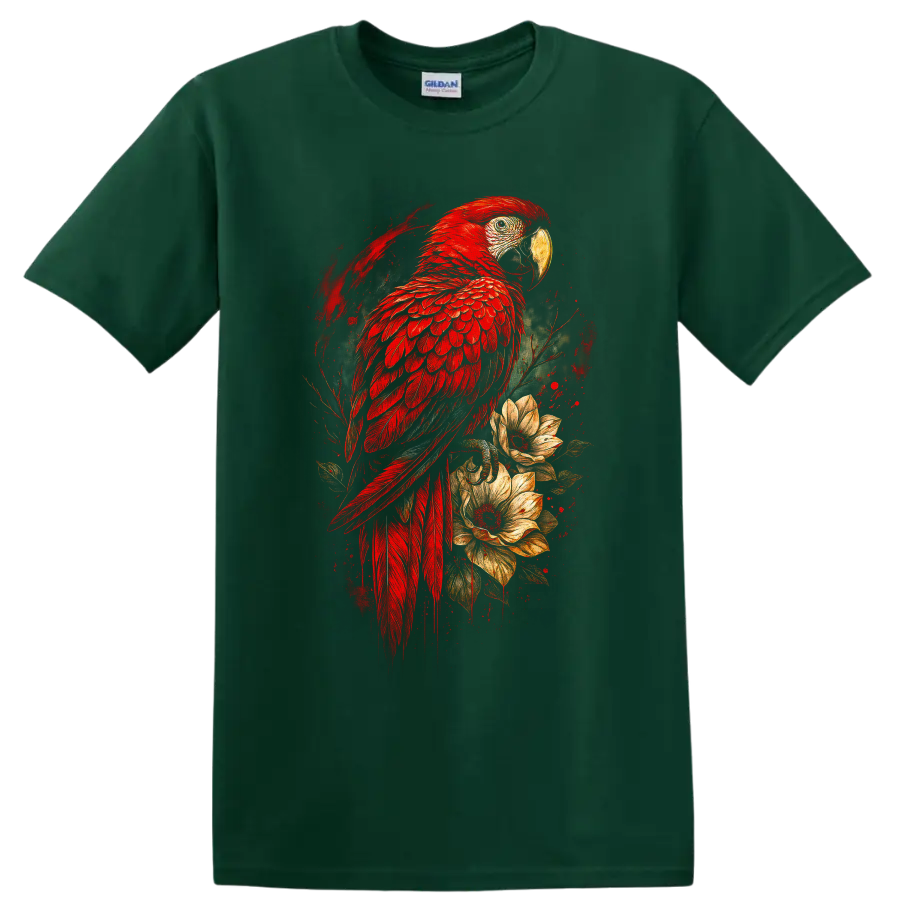 Scarlet macaw parrot with tropical flowers in vivid painterly bird art on a Forest Green T Shirt