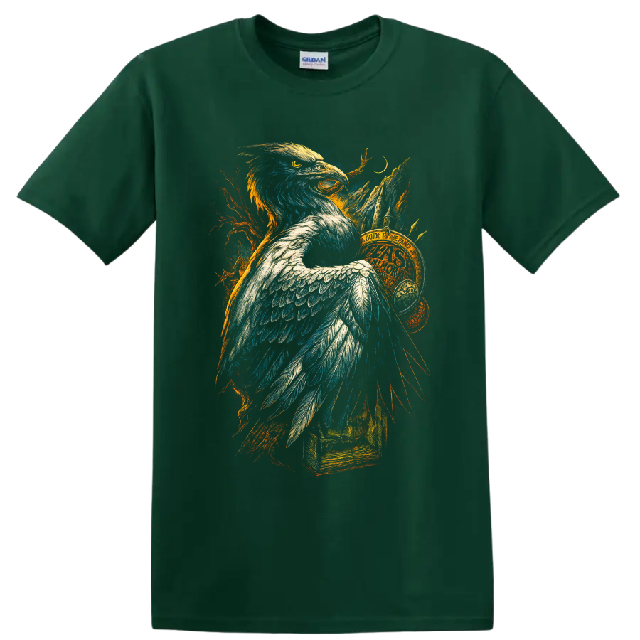 Bald eagle fantasy illustration with mountains, crescent moon, branches, and vintage book on a Forest Green T Shirt